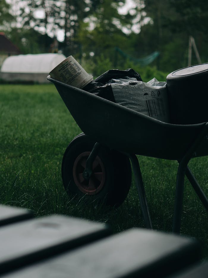 A wheelbarrow loaded with gardening tools and materials on a grassy lawn.