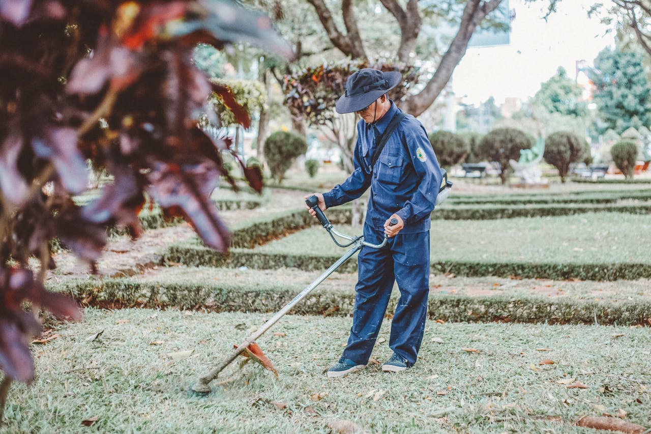 A gardener trims grass in a scenic park setting, focusing on maintenance and landscaping.